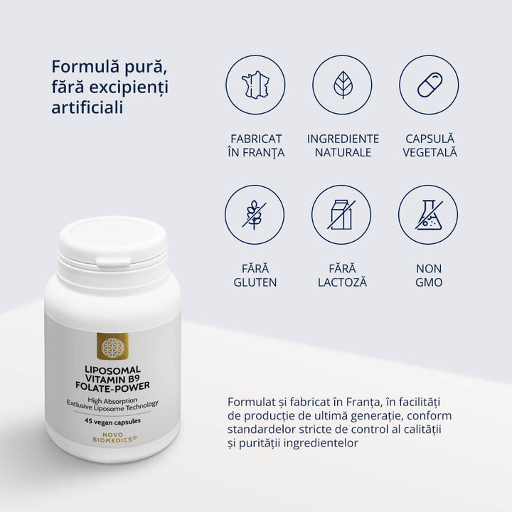Liposomal Vitamin B9 Folate-Power – caracteristici: ingrediente naturale, fără gluten, fără lactoză